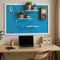 Weysat 36 x 24 Inch Decorative Wood Pegboard Wall Organizer with Frame Large Display Board Kit with 3 Shelves 18 Nails Aesthetic Board Wall Organizer Craft for Room, Office, Sewing (Blue)