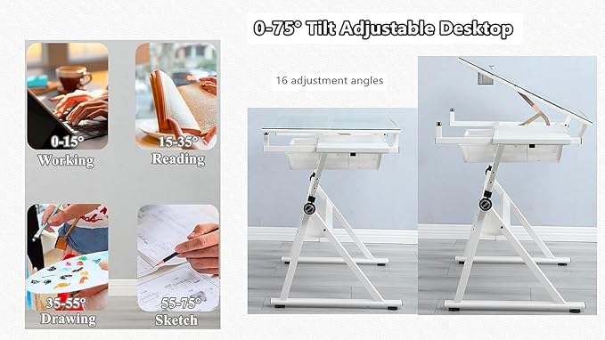 Adjustable Drawing Table for Artists | Drafting Desk with Tilted Glass Top | Art & Craft Table for Adults (White, Classic Pro-27.16''- 35.82'' H)