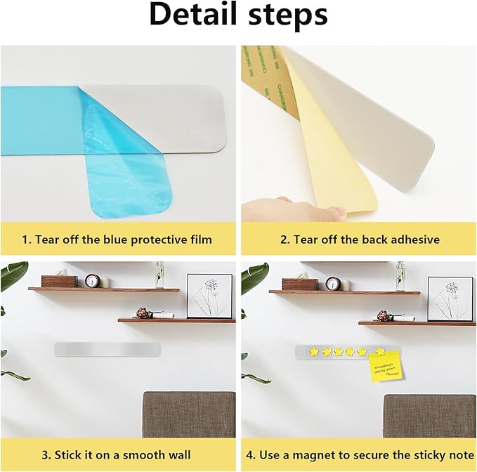 Magnetic Board for Wall - 6Pcs Stainless Iron Magnetic Strips with Adhesive Backing, Magnet Board Bulletin Boards Magnet Strips Memo Board - Includes 10 Yellow Magnets for School Office Kitchen