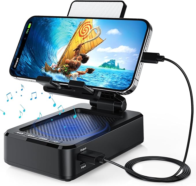 Cell Phone Stand with Wireless Bluetooth Speaker and Charging, Anti-Slip Base HD Surround Sound, Perfect for Home/Outdoor, Phone Holder Compatible with iPhone/ipad/Samsung Galaxy, Gifts for Men Women