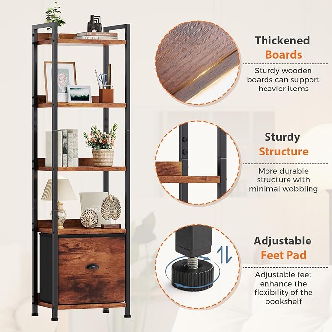 Sweetcrispy 5-Tier Bookshelf with Fabric Drawer, Wood-Metal Standing Display Shelf, Multi-Functional Organizer for Books, CDs and Movies, Suitable for Bedroom, Living Room, Brown