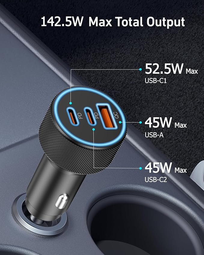 USB C Car Charger, 3-Port 142.5W Dual USB-C & USB-A Car Power Adapter PD/QC Fast Charging Cigarette Lighter for iPhone 17/16/15, iPad, MacBook Pro/Air, Samsung Galaxy S25 S24, Pixel, Android