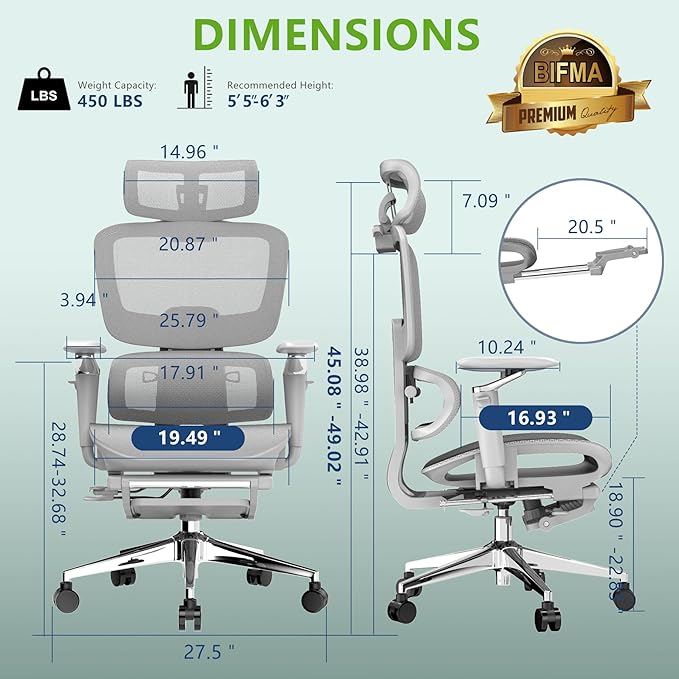 Ergonomic Office Chair with Footrest,High Back Mesh Desk Chair,Lumbar Support & 90-135°Recline,3D Headrest & 6D Armrests,Swivel Computer Chair for Home Office, Work & Gaming 1Pack