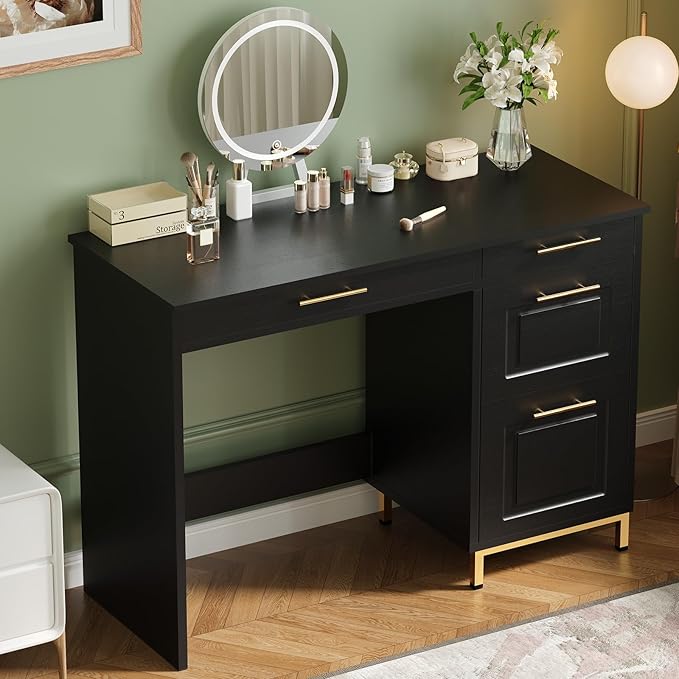 4 EVER WINNER Black Desk with Drawers, 43 Inch Writing Desk with Storage File Cabinet and Golden Handle, Home Office Desk for Bedroom, Black