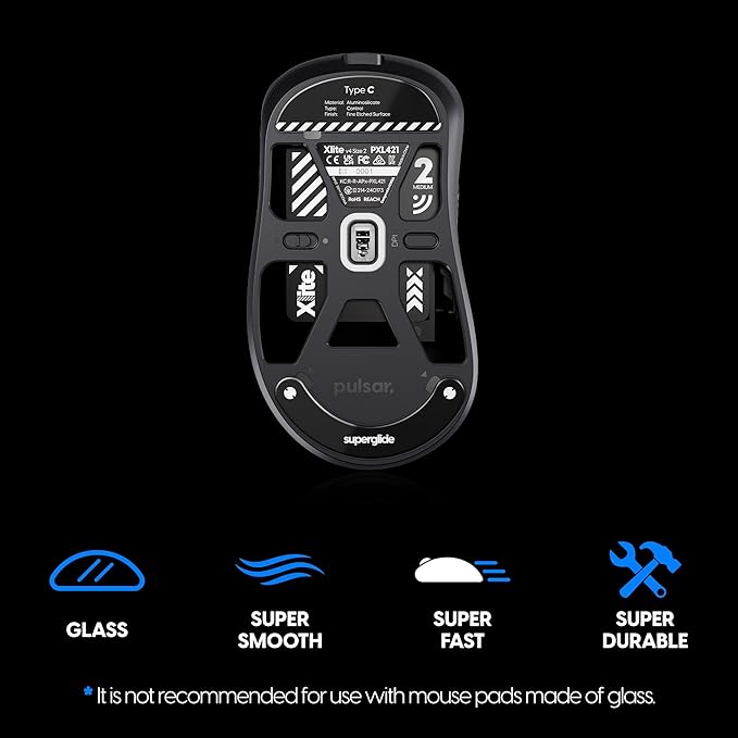 Superglide Glass Mouse Skates - Consistent Controllable Glide, Polished Round Edge, Super Balanced Gaming Mouse Feet with Durable Sole for Pulsar Xlite Series (Type-C, Black)