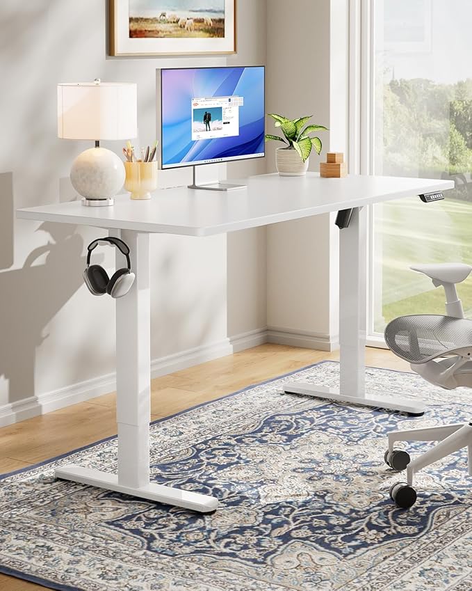 HUANUO Electric Standing Desks, Whole Piece Desktop, Adjustable Height Computer Desk, 4 Height Memory Settings, Sit Stand Up Desk for Home Office, 48" x 30", White
