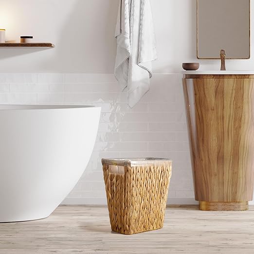 3 Gallon Wicker Trash Can, Woven Water Hyacinth Wicker Waste Basket for Bathroom, Small Trash Can for Bedroom, Rectangular Garbage Can for Boho Decor Bedroom Bathroom