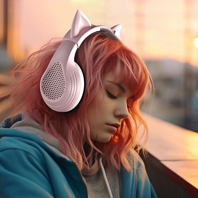 Pink Gaming Headset with Mic, Cat Ears, Stereo Surround Sound Wired Over Ear Headphones with Microphone, Soft Ear Pads, Noise Cancelling for Girls, Teens, Women