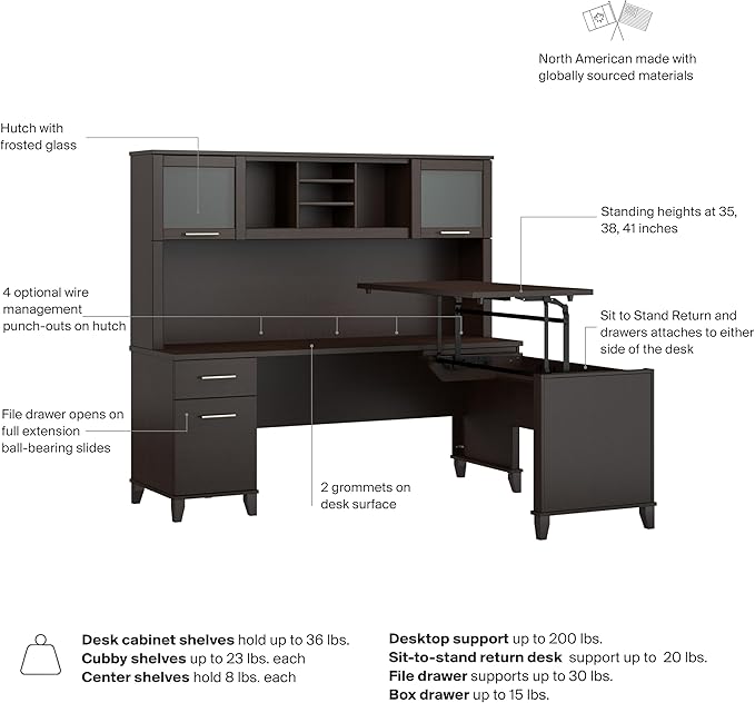 Bush Home Somerset 72W 3 Position Sit to Stand L Shaped Desk with Hutch in Mocha Cherry | Adjustable Height Table for Home Office