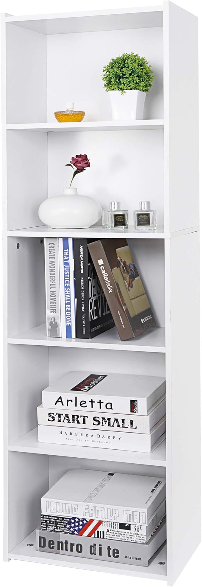 5 Tier Open Bookshelf, 52 Inch Bookcase Storage Rack for CDs Movies Book, Freestanding Wood Open Bookshelf for Living Room Bedroom Study Office, White