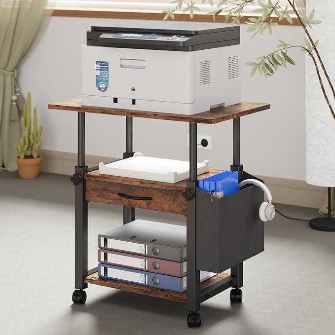 YAOHUOO Large Printer Stand with Storage Drawer and Side Bag, 3-Tier Height Adjustable Table for Home Office, Fits Heat Press/Laser/3D Printer (Rustic Brown)