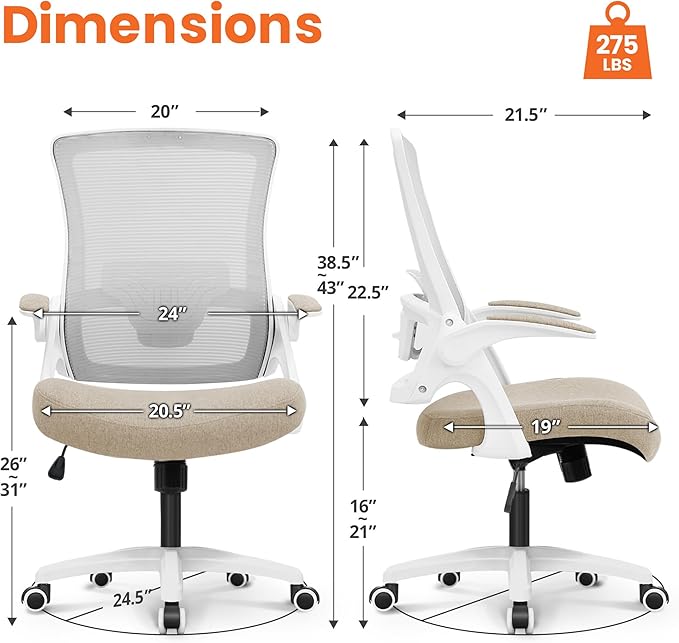 NEO Chair Office Desk Gaming Chair Computer High Back Mesh Seat with Rolling Wheels Ergonomic Adjustable Comfy Flip-up Armrests Lumbar Support Height for Home (Beige)