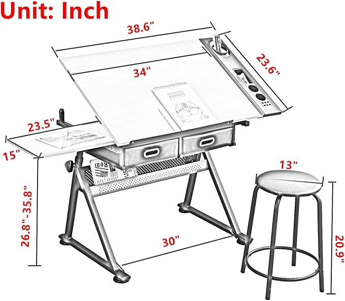 Drafting Table with Stool, Height Adjustable Drawing Table Art Table Painting Table Art Craft Desk with 0-75° Tilting Tabletop and Storage Drawers, Rustic