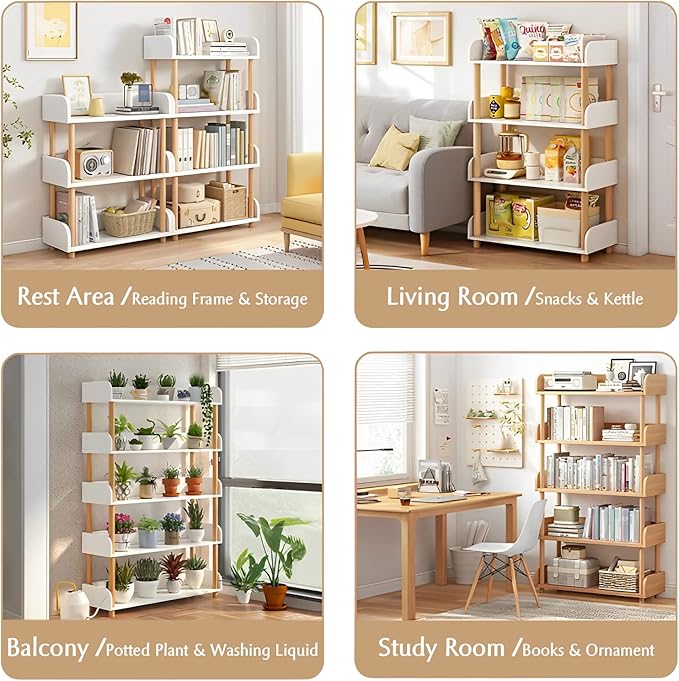 OSCHF 5-Tier Wooden Open Bookcase - Modern Display Bookshelf with Top Edge and Solid Wood Frame for Home and Office, Storage Cabinet, Warm White