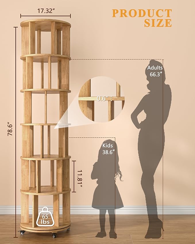 IUNVR Rotating Bookshelf, 6 Tier Solid Wood Bookshelf Tower with Lockable Wheels, 360° Spinning Revolving Bookcase for Small Spaces, Corners, Bedroom, Kids Room, Home Office, Natural