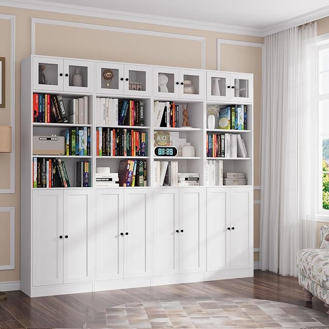 TUSY 85.5 Inch Tall Bookshelf with Doors - 7 Tier Bookcase with Glass Doors and Drawer, 23.6" Wide Storage Cabinet with Open Shelves for Living Room, White Book Shelf for Home Office, Study (AAAA)