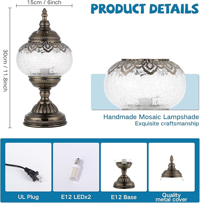 GOGERS Turkish Moroccan Table Lamp Lantern with Handmade Mosaic Glass Lampshade Tiffany Style Bohemian Stained Glass Decorative Desk Lamps Bedside Night Lights for Bedroom (White 1)