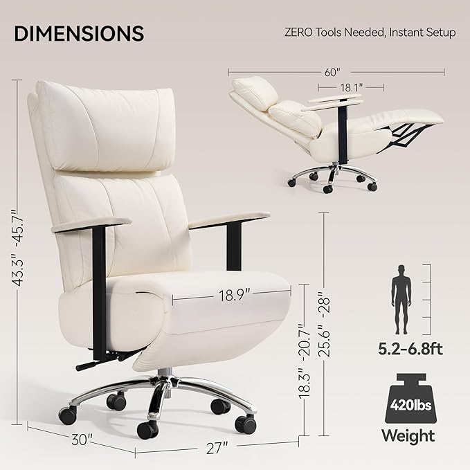 OKUP Reclining Office Chair with Adjustable Headrest and Footrest, 170° Comfortable Office Chair Zero Gravity, Leather Ergonomic Executive Home Office Desk Chair (Cream)