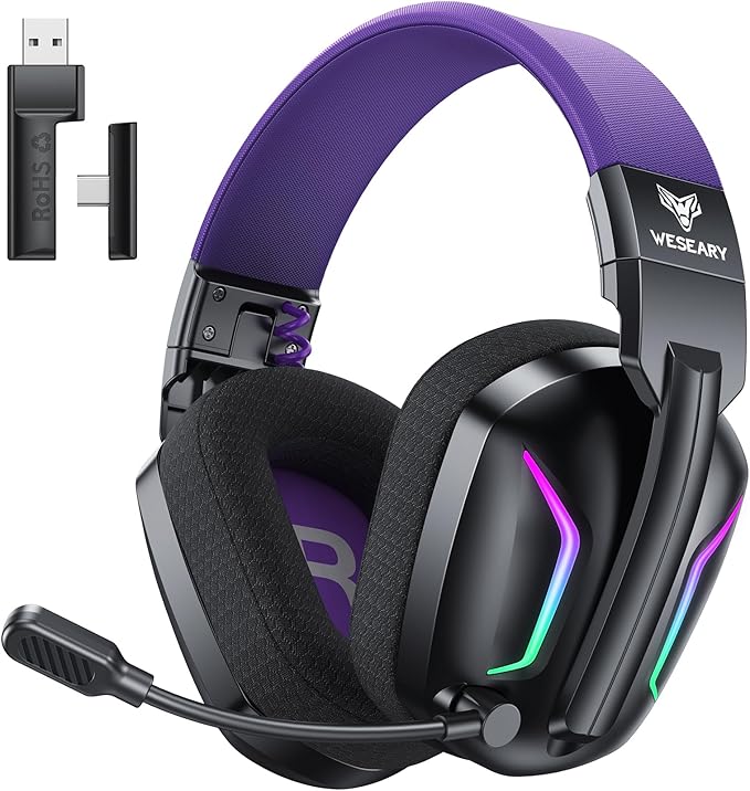 WESEARY Wireless Gaming Headset for PC, Laptop, Mac & Switch, Dual Low-Latency 2.4GHz USB/Type-C, Bluetooth Gaming Headphones with ENC Mic for Cube Accessories, 3D Stereo,Colorful Light, 50H Power
