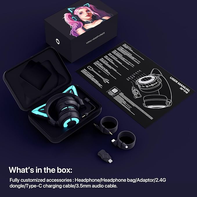 YOWU Cat Ear Headphones 4GS - RGB Gaming Headset with Mic & 2.4G USB/Type C Dongle for PC/PS4/PS5/XBOX/Switch, Wired/Wireless Bluetooth Headphones(Black)