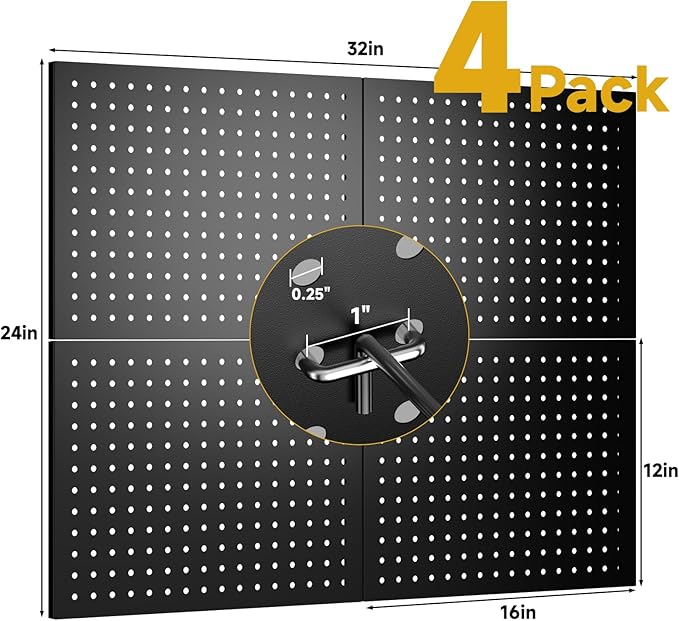 Metal Pegboard,4 Pack Metal Pegboard Panels With 8 Hooks,Black Pegboard Wall Organizer,16"x12" Steel Peg Boards for Walls,Tools,Garage,Office