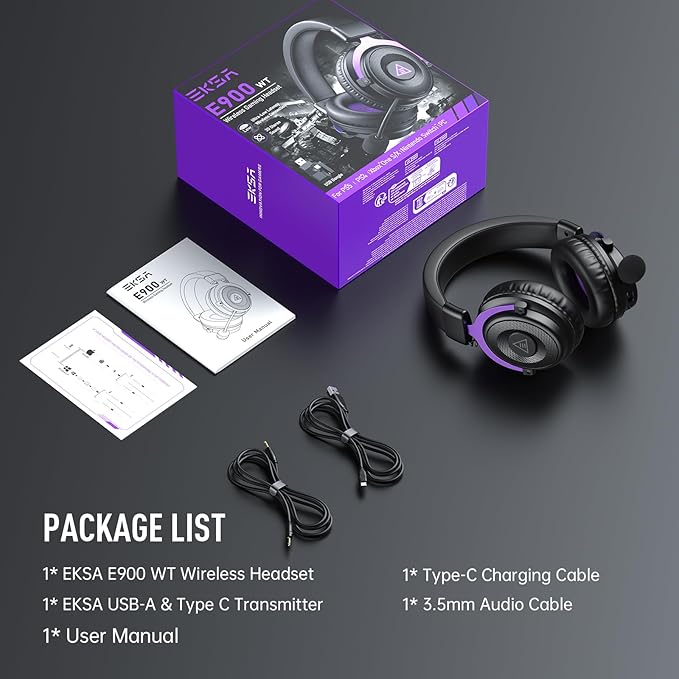 EKSA E900WT Wireless Gaming Headset for PC Ps5 Ps4, 2.4 Ghz USB&Type-C Gaming Headphones with Microphone, 30ms Latency, 80H Battery Bluetooth Headphones for Switch, Laptop, Mobile, Mac