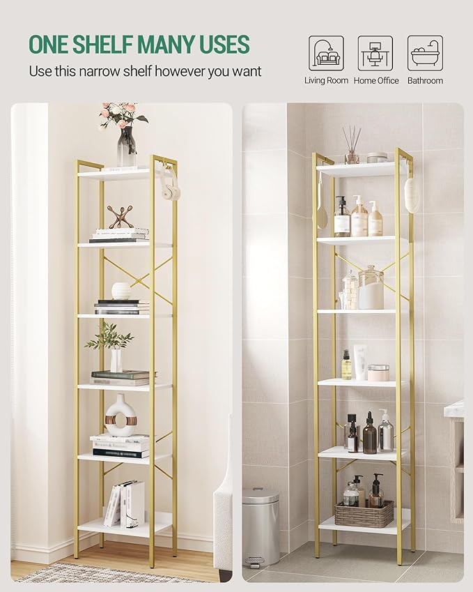Hzuaneri Bookshelf, Book Shelf, Industrial Bookcase with 2 Hooks, Coner Shelf Storage Organizer for Home Office, Living Room, Bedroom, Kitchen, 6-Tier White-Gold BC10713G