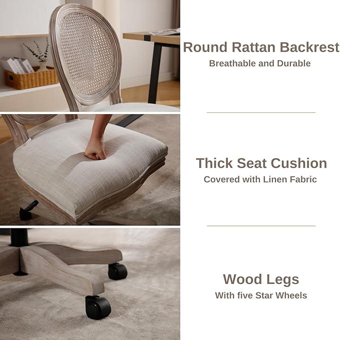 HEAH-YO Home Office Chair, Vintage Linen Fabric Armless Desk Chair with Rattan Backrest and Wheels, Swivel Vanity Chair for Bedroom, Beige