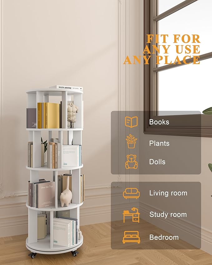 IUNVR Rotating Bookshelf, 4 Tier Solid Wood Bookshelf Tower with Lockable Wheels, 360° Spinning Revolving Bookcase for Small Spaces, Corners, Bedroom, Kids Room, Home Office, White