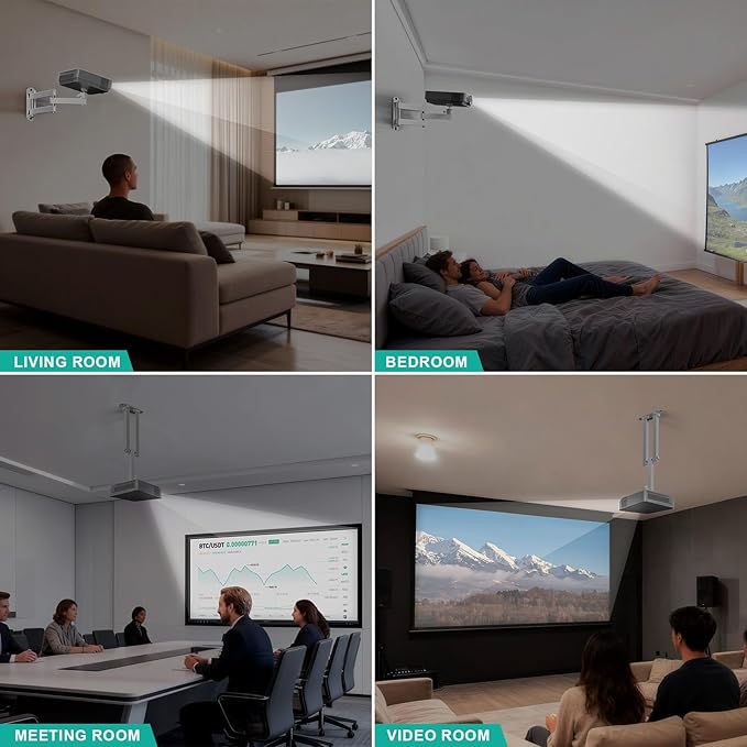 WALI Mini Foldable Projector Wall Mount with 360° Rotating Gimbal, Fully Adjustable Wall/Ceiling Mount Bracket for 1/4" M4 M6 Screw Projectors, Small Projector Holder up to 4.4lbs (1330LM-PMW), White