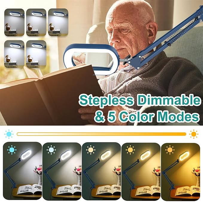 IVMAIE 10X Rectangle Magnifying Glass with Light, 5 Color Modes Stepless Dimmable Magnifier with Stand, LED Lighted Clamp Desk Lamp with Swing Arm, Hands Free for Reading Painting Close Work - Blue