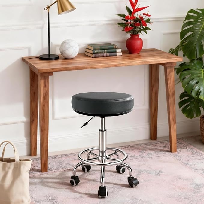 Heavy Duty Round Rolling Stool 500lb, PU Leather 360-degree Support Full-Edge Cover Layer Drafting Chair with Wheels, Height Adjustable Swivel Stool with Footrest, 5-min Easy Assembly (Black)
