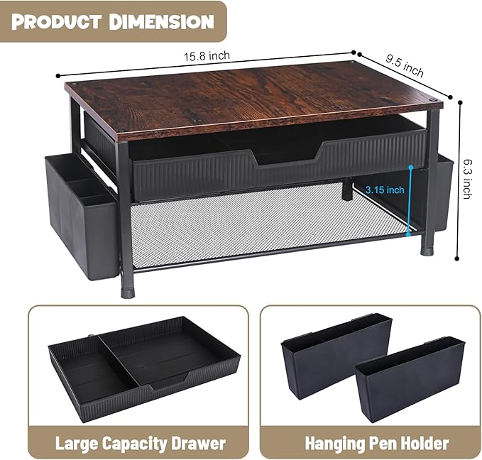 Printer Stand for Desk with Storage, Wood Metal Desk Organizer with Drawer and Pen Holder, Printer Table for Home Office, Multi-Purpose for Fax Machine, Scanner, Die-Cut Machine, Files (Brown)