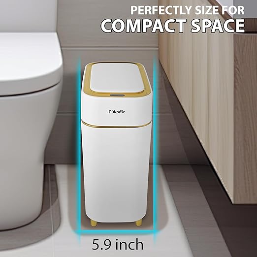 Pukomc 2.3 Gallon / 9L Automatic Adsorption Sensor Trash Can, White Gold Motion Sensor Garbage Bin with Suction, Slim Fashionable Design for Kitchen, Bathroom, Office & Small Space