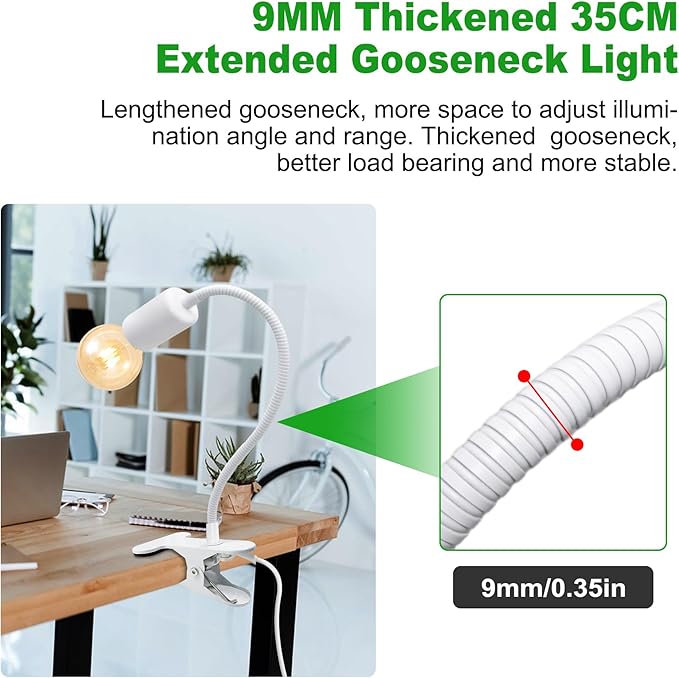Clip on Desk Lamp, White Clip Lamp Holder with 220 CM Switch and Plug Cable, Clamp Light Socket with Metal Clamp, 9-350 MM Thickened Lengthened Gooseneck Light, E27 Lamp Holder, for Home Office