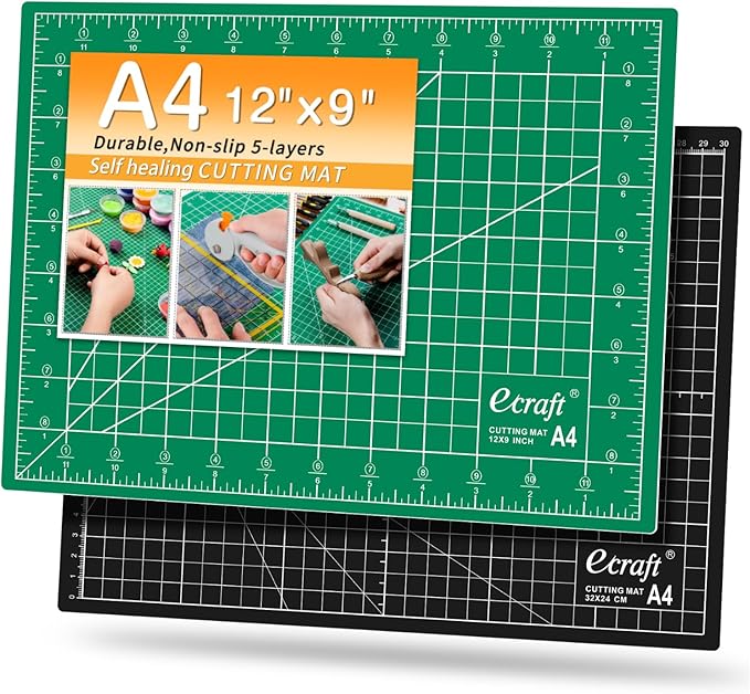 Ecraft Self Healing Sewing Mat 9x12 Inch, Double Sided 5-Ply Fabric Rotary Cutting Mat for Quilting, Sewing & Craft Projects - Gridded Board, Green/Black
