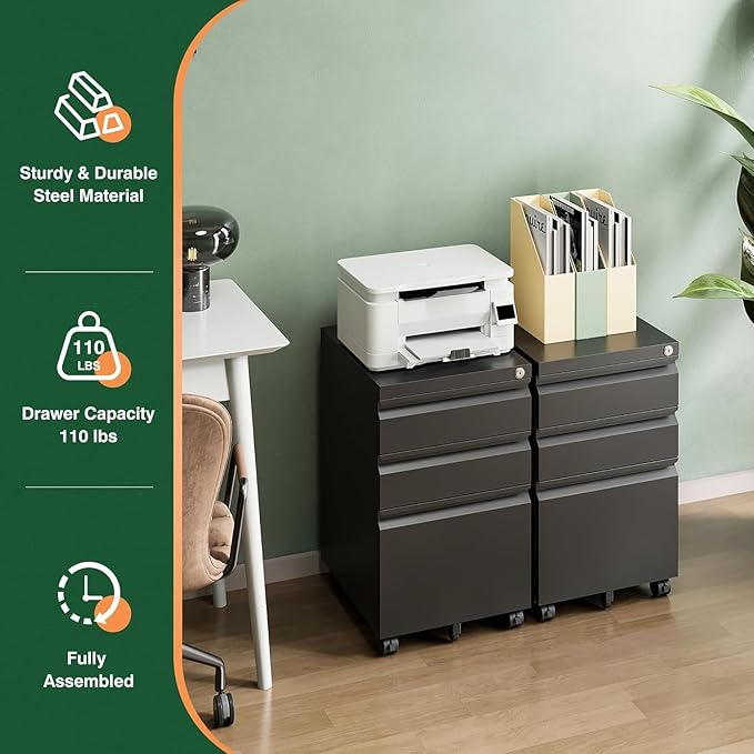 Letaya 3 Drawer Mobile File Cabinet with Lock,Under Desk Metal Filing Cabinets for Home Office Organizer Letters/Legal/A4((Fully Assembled-Black)