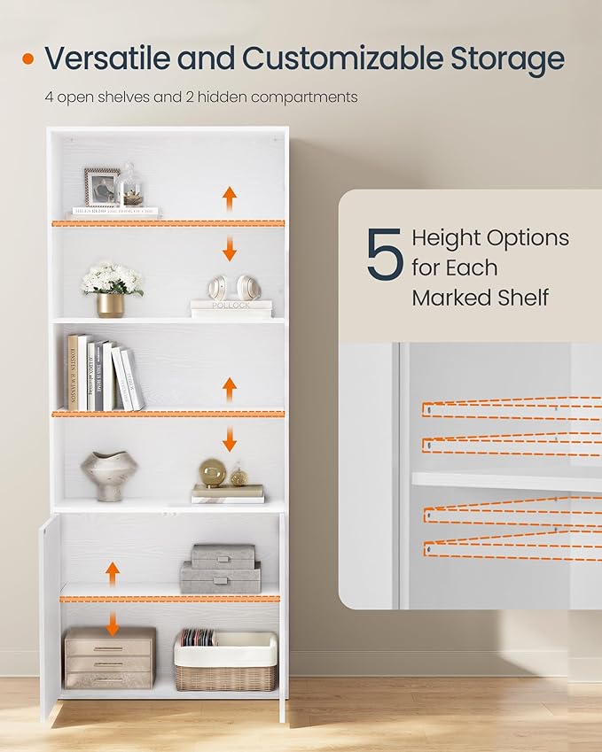 SONGMICS Home Book Shelf, Superfast Toolless Assembly, 6-Tier Floor Standing Bookcase with Doors and Adjustable Shelves, 70.4 Inches Tall for Bedroom Study Living Room, Snow White