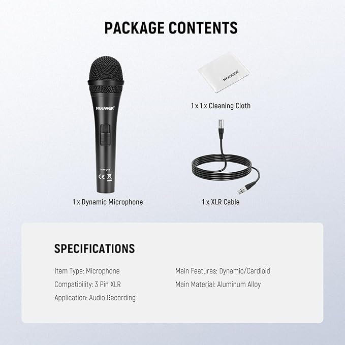 NEEWER NW-040 Cardioid Dynamic Microphone with XLR Cable, Rigid Metal Shell, Cleaning Cloth, Unidirectional Pickup Mic for Musical Instruments Voice Public Speech Podcast Singing PC Gaming Streaming