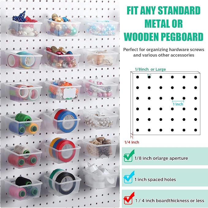 Unittype 24 Set Clear Peg Board Baskets and Bins Pegboard Baskets Organizer Accessories Peg Board Bins with Hooks Sticker Label and Pen for Office Wall Teacher Craft Supplies Garage Tool Storage