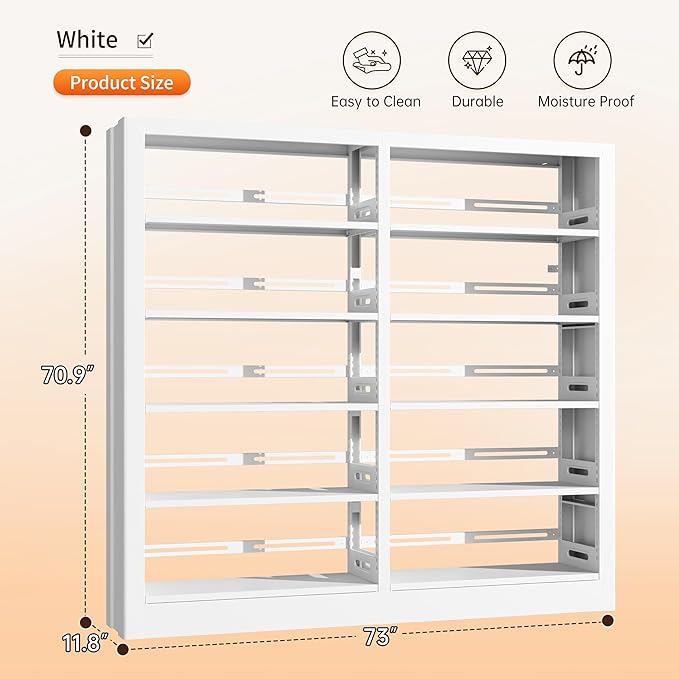 71" Metal Bookshelf,5 Tier White Bookshelf with Adjustable Shelves,Heavy Duty Bookshelves and Bookcases,Tall Bookcase for Living Room,Library,Office,Including Book Stopper (White, 73" Wide)