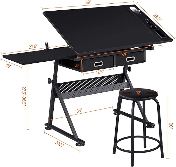 Topeakmart Drafting Table for Artists, Height Adjustable Drawing Draft Desk, Tiltable Tabletop, Art Craft Work Station with Extra Board for Diamond Painting Sewing Graphic Designere