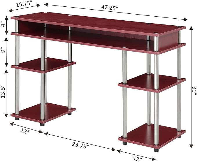 Convenience Concepts Designs2Go No Tools Desk Home Office Desk with Shelves, Corner Shelf Vanity Desk Computer Desk Nail Table for Nail Tech - 47.25" L x 15.75" W x 30" H, Dark Cranberry Red