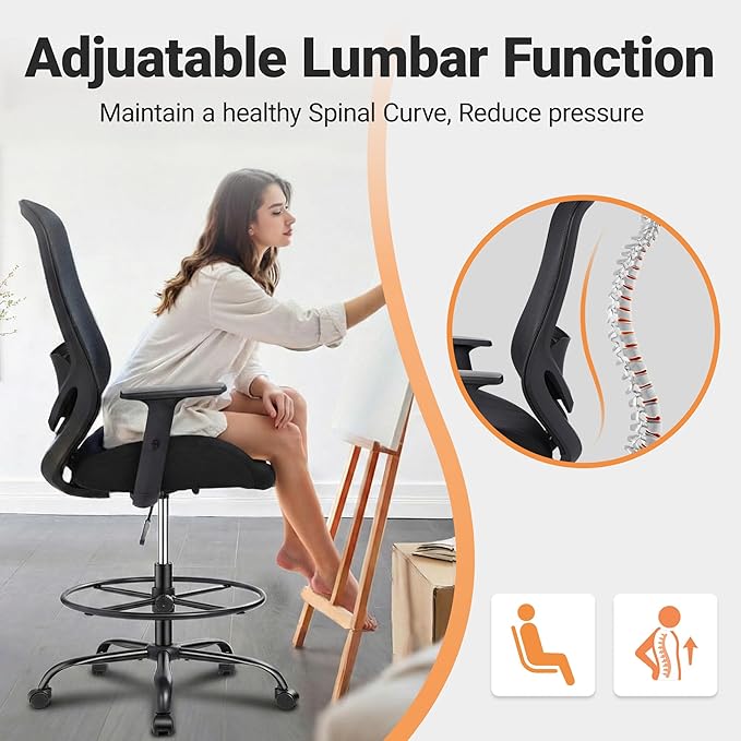 Drafting Office Chairs Big and Tall 450lbs Heavy Duty Mesh Tall Office Chair for Standing Desk, Ergonomic Desk Chair with with Lumbar Support & Wide Seat