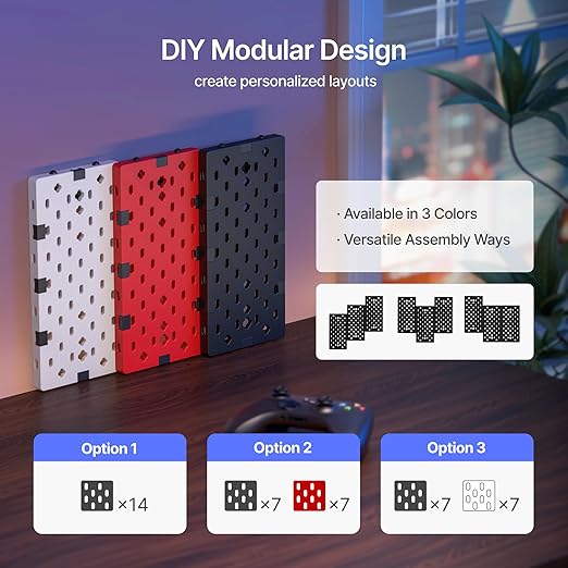 PEGZONE Controller and Headphone Holder Wall Mount, Modular Gaming Pegboard with Accessories, Controller Stand for Xbox PS5 PS4 Switch, Video Game Storage, Disc Shelf Organizer, 14pcs Pegboard, Black