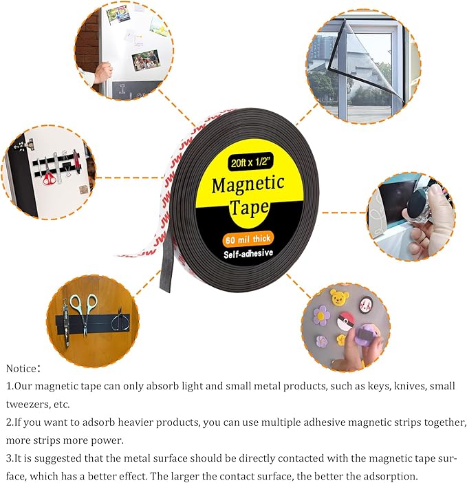 Value Pack 20FT Magnetic Tape with Adhesive Backing,Wide 1/2" Magnet Tape Strips for Creative People