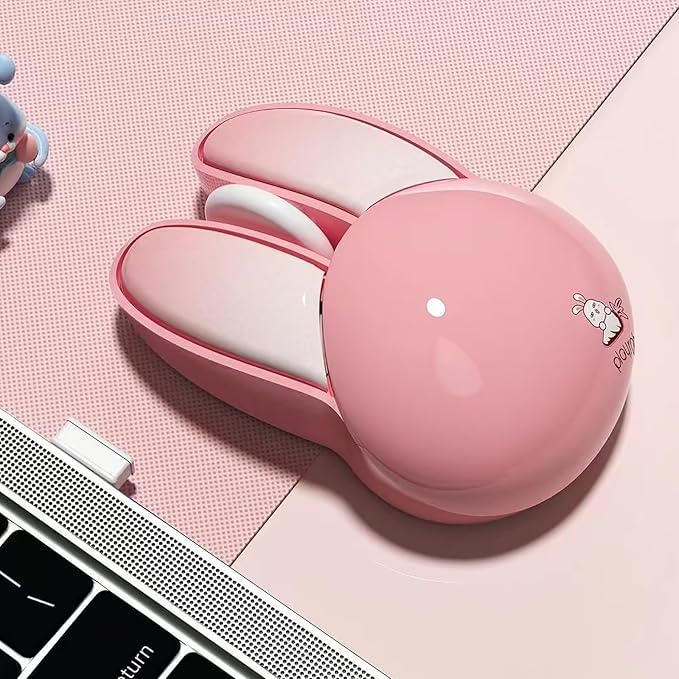 Lomiluskr Cute Bunny Wireless Mouse, Lightweight Soundless Mice, 2.4G Wireless Mice, Candy Colors, Kawaii Rabbit Mouse for Girls and Kids (Pink Bunny)