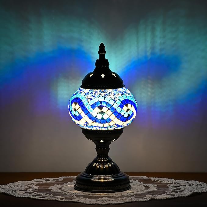 GOGERS Turkish Moroccan Table Lamp Lantern with Handmade Mosaic Glass Lampshade Tiffany Style Bohemian Stained Glass Decorative Desk Lamps Bedside Night Lights for Bedroom (White Multiple Blues)