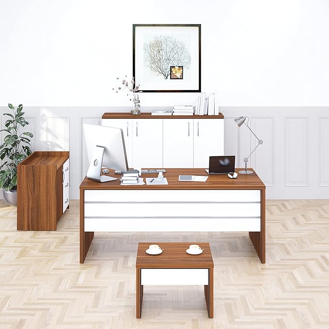 71" Wood Office Furniture Set of 4pcs | Modern Executive Desk | File Drawers w/Telescopic Rails | Large Storage Cabinet w/Chrome Handles | Coffee Table | Sturdy Home Workstation Suite