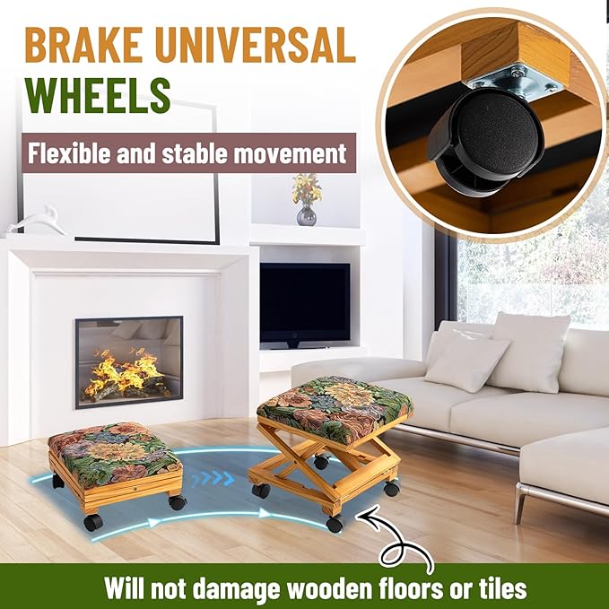CroBlissful 2 Pack Rolling Adjustable Foot Rest Vintage Floral Foldable Under Desk Ottoman with Wheels Tapestry Foldaway Guitar Foot Stool for Home Office Living Room Bedroom